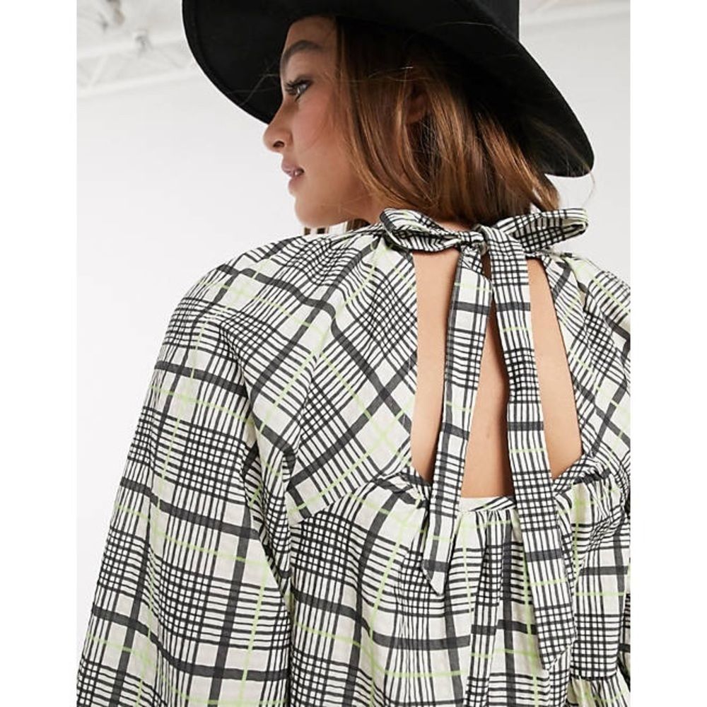 Topshop Smock Blouse in Green Check - Picture 3 of 10